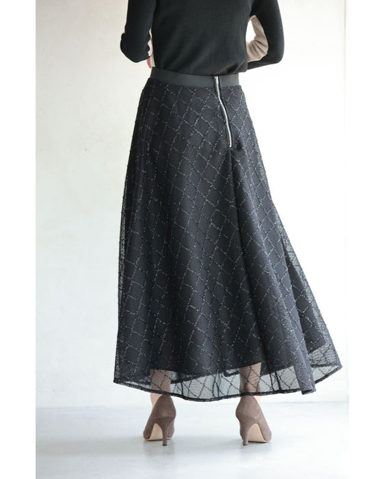 煌めきダイヤチェックのメッシュ地ロングスカート