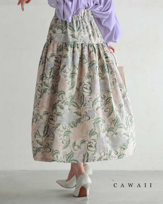 舞うような淡色花の切り替えミディアムスカート