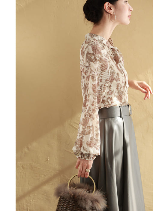 【予約商品】ロマンティックな花柄の細やかプリーツブラウストップス