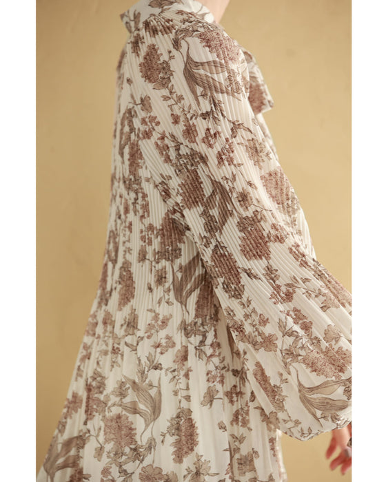 【予約商品】ロマンティックな花柄の細やかプリーツブラウストップス