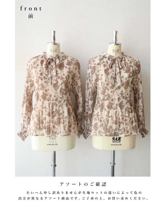 【予約商品】ロマンティックな花柄の細やかプリーツブラウストップス