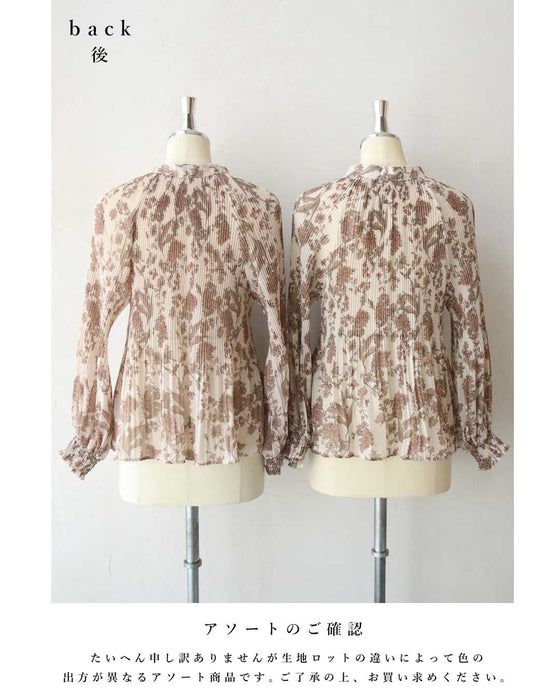 【予約商品】ロマンティックな花柄の細やかプリーツブラウストップス