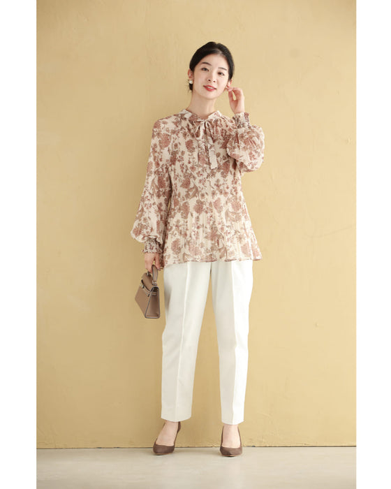Romantic floral patterned pleated blouse top