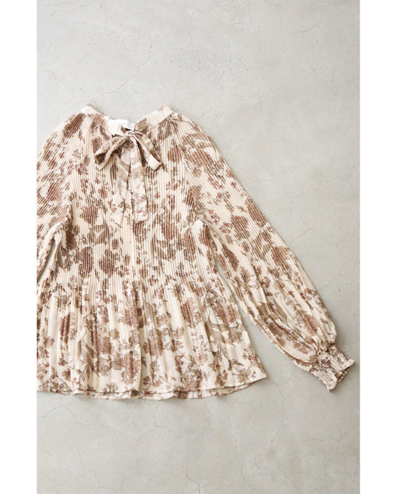 【予約商品】ロマンティックな花柄の細やかプリーツブラウストップス
