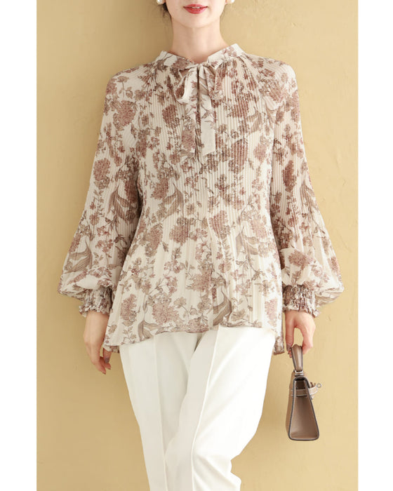 【予約商品】ロマンティックな花柄の細やかプリーツブラウストップス