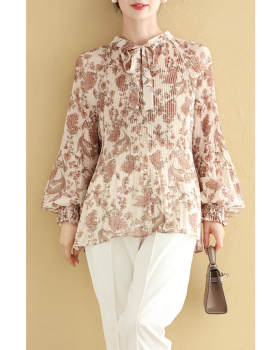 Romantic floral patterned pleated blouse top