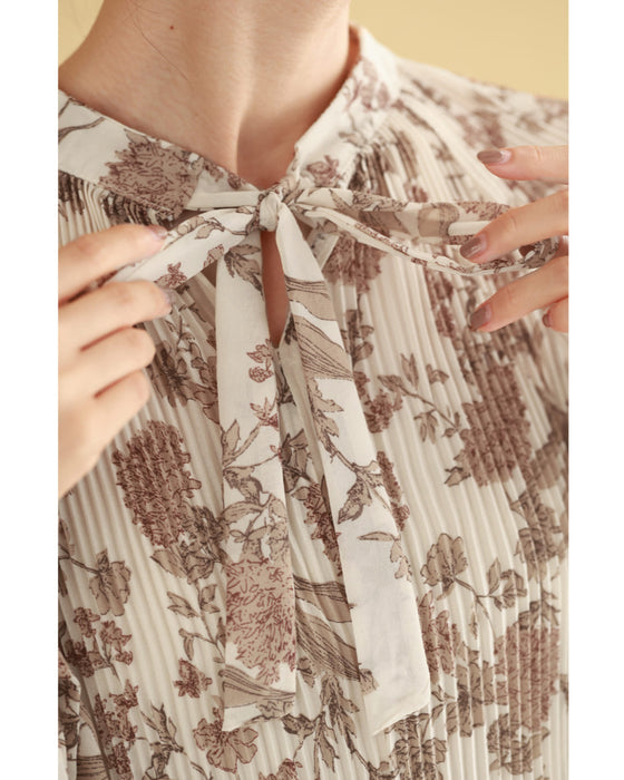 【予約商品】ロマンティックな花柄の細やかプリーツブラウストップス