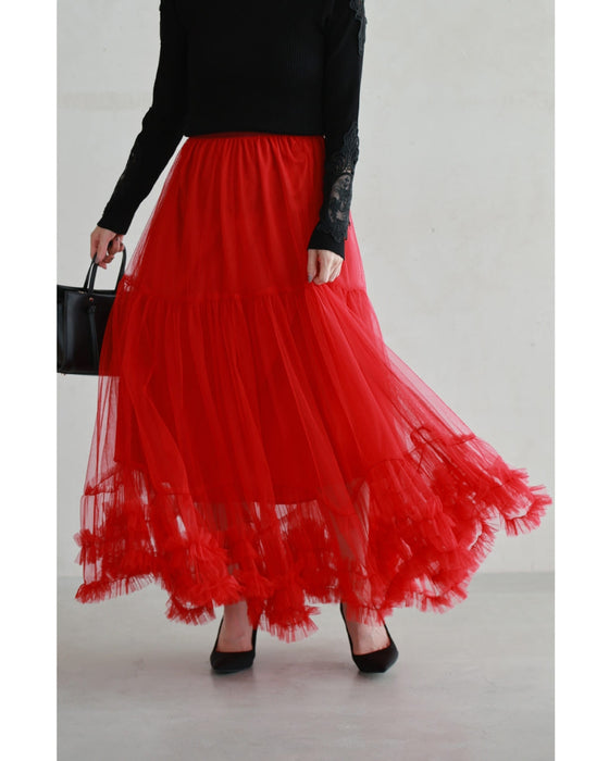 情熱的に舞うたっぷりフリルのチュールロングスカート