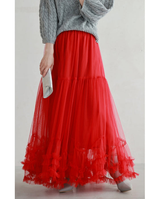 情熱的に舞うたっぷりフリルのチュールロングスカート