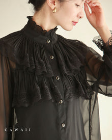  Classic frilled blouse top with sheer sleeves