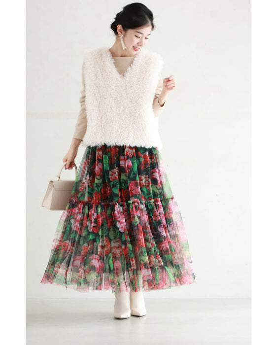 シアーなキャンバスに広がる花畑チュールミディアムスカート