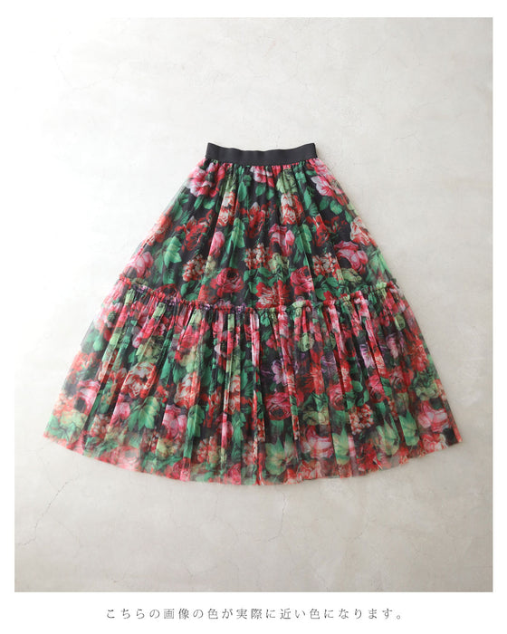 シアーなキャンバスに広がる花畑チュールミディアムスカート