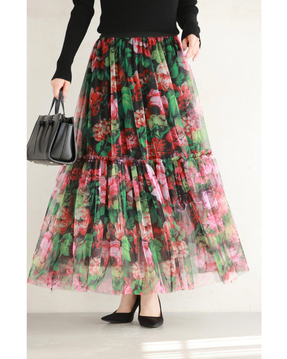 シアーなキャンバスに広がる花畑チュールミディアムスカート