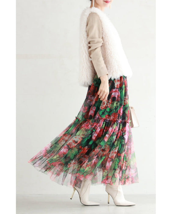 シアーなキャンバスに広がる花畑チュールミディアムスカート