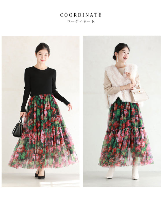 シアーなキャンバスに広がる花畑チュールミディアムスカート