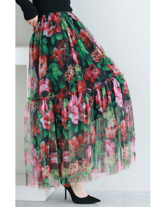 シアーなキャンバスに広がる花畑チュールミディアムスカート