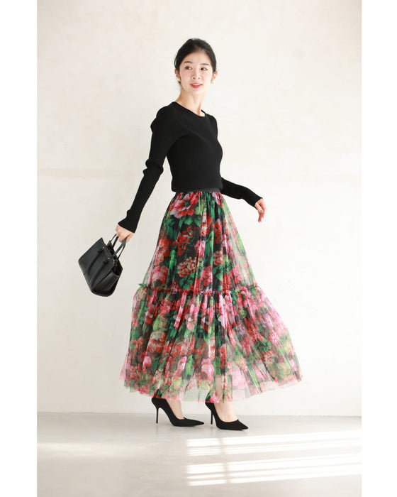 シアーなキャンバスに広がる花畑チュールミディアムスカート