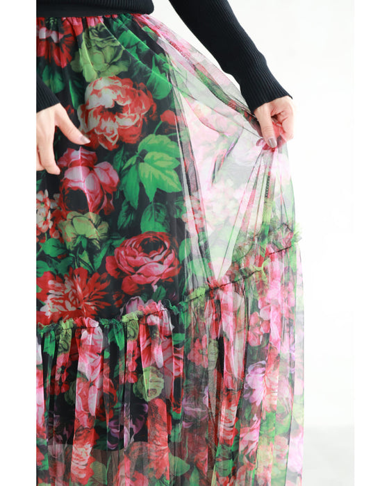 シアーなキャンバスに広がる花畑チュールミディアムスカート