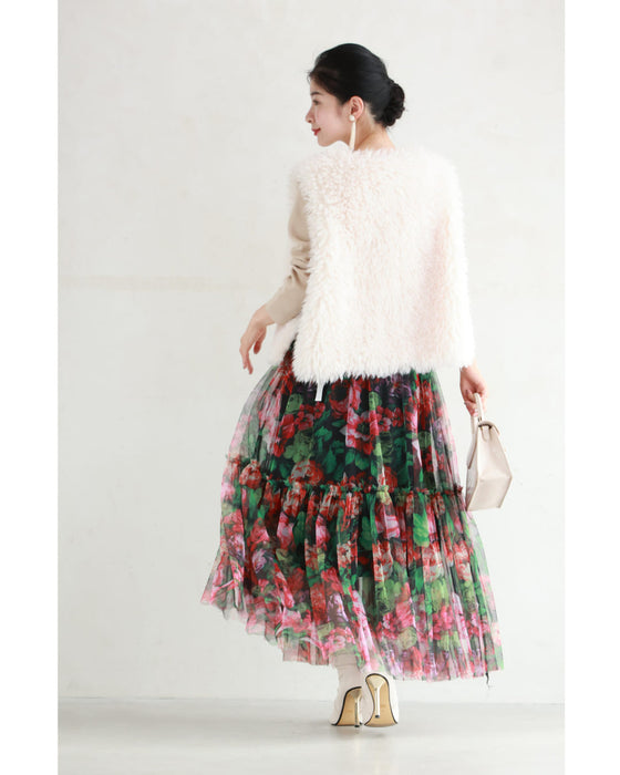 シアーなキャンバスに広がる花畑チュールミディアムスカート