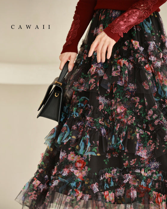 色とりどりの花が咲くふわふわフリルミディアムスカート