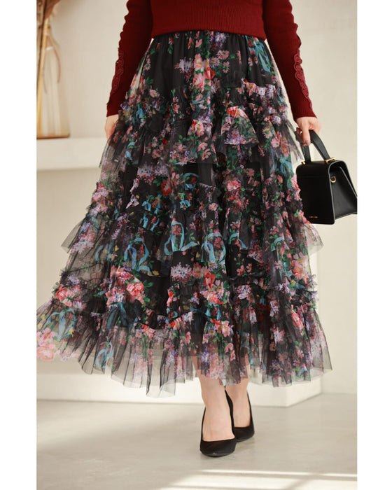 色とりどりの花が咲くふわふわフリルミディアムスカート
