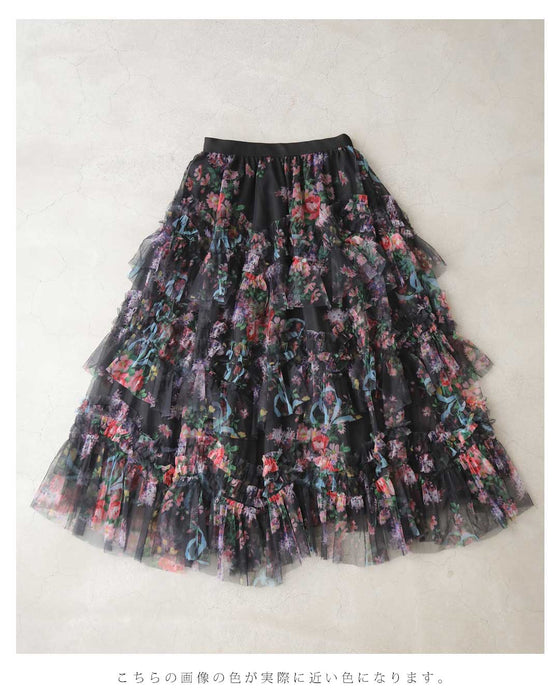 色とりどりの花が咲くふわふわフリルミディアムスカート