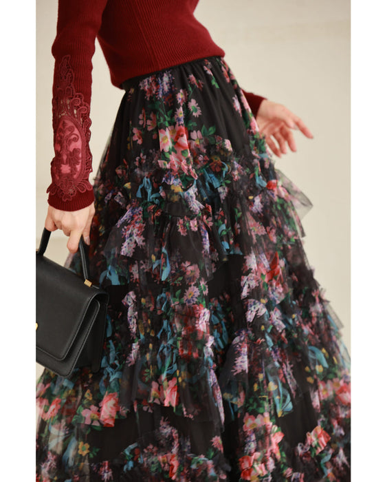 色とりどりの花が咲くふわふわフリルミディアムスカート