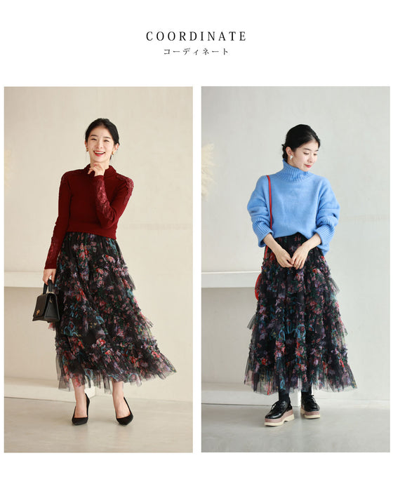 色とりどりの花が咲くふわふわフリルミディアムスカート