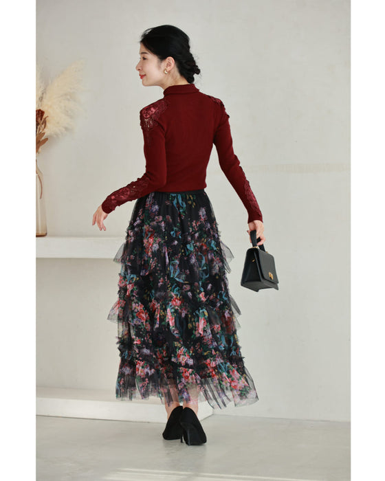 色とりどりの花が咲くふわふわフリルミディアムスカート