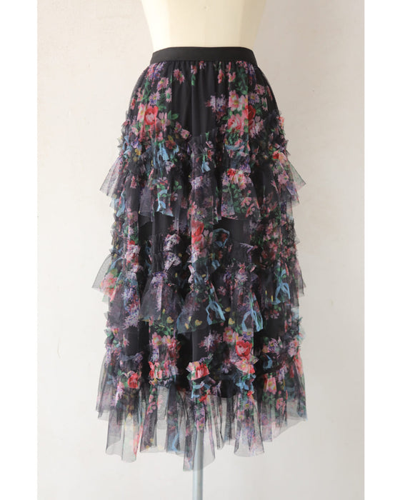 色とりどりの花が咲くふわふわフリルミディアムスカート
