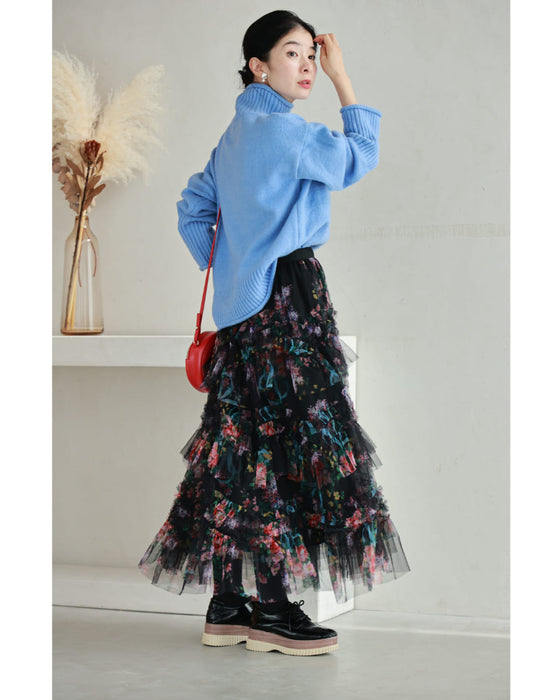 色とりどりの花が咲くふわふわフリルミディアムスカート