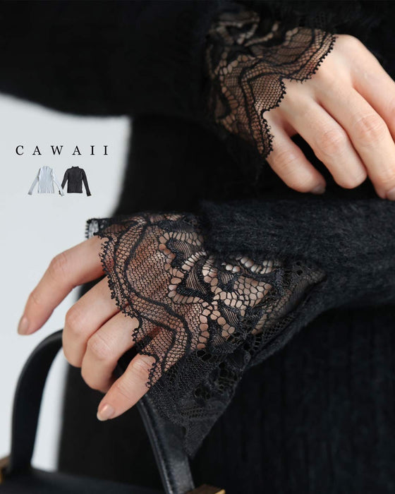 A brushed knit top with lace sleeves that cover your hands