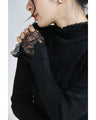 A brushed knit top with lace sleeves that cover your hands