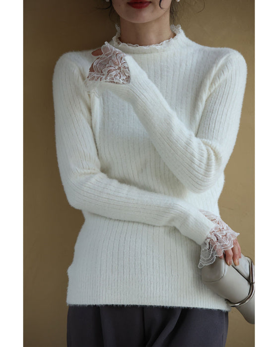 A brushed knit top with lace sleeves that cover your hands