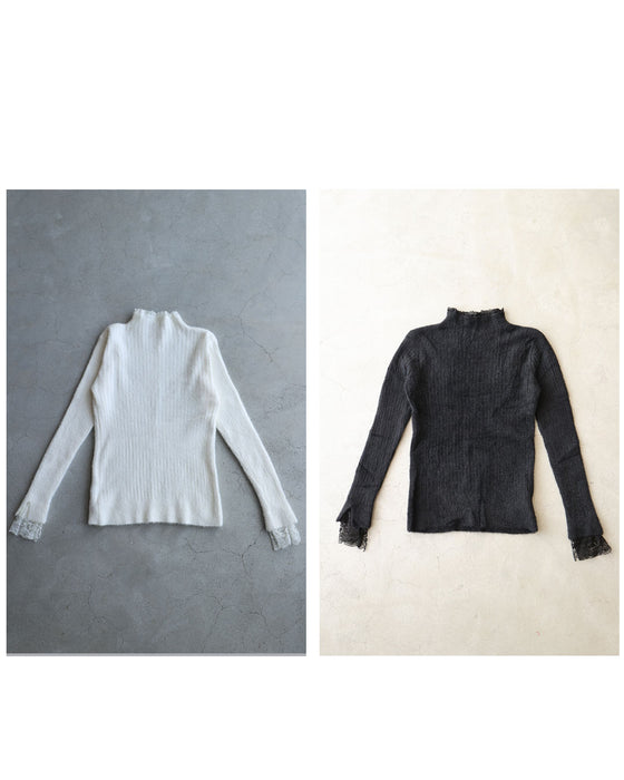 A brushed knit top with lace sleeves that cover your hands