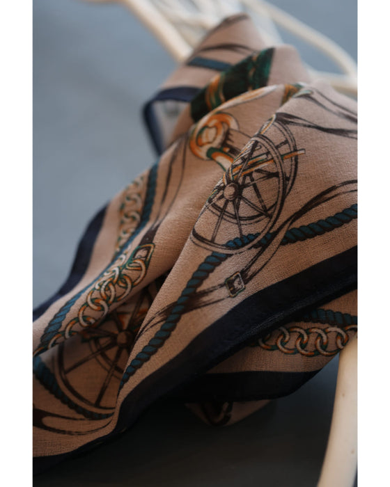 Navy piping scarf with elegant carriage pattern