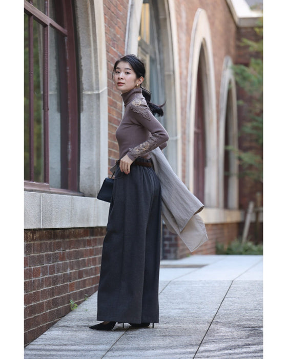 美シルエットのウール調ワイドパンツ（ベルト付き）