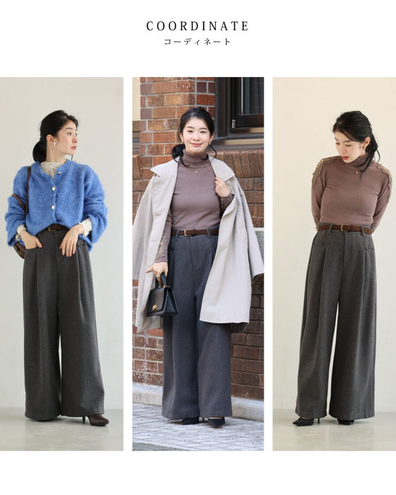 美シルエットのウール調ワイドパンツ（ベルト付き）
