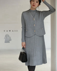  2-piece set of knit vest and basic pleated dress [set]