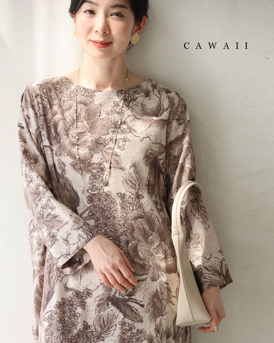 そよ風に揺れる花のスケッチ画ミディアムワンピース