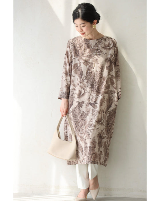 そよ風に揺れる花のスケッチ画ミディアムワンピース