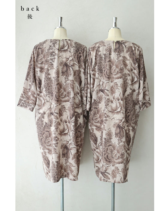 そよ風に揺れる花のスケッチ画ミディアムワンピース