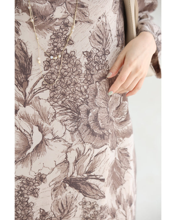 そよ風に揺れる花のスケッチ画ミディアムワンピース