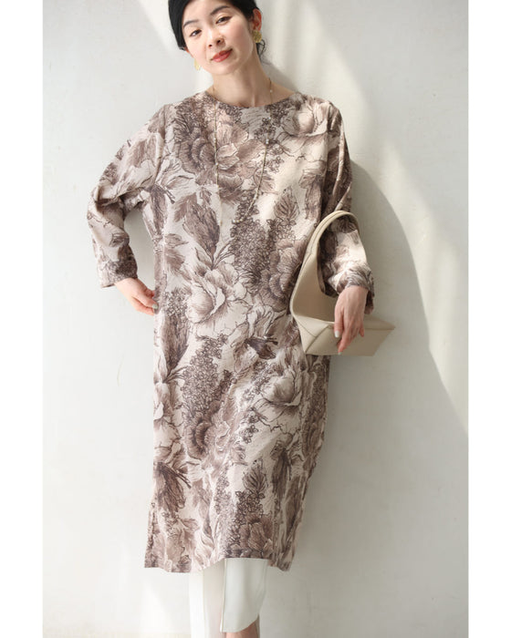 そよ風に揺れる花のスケッチ画ミディアムワンピース