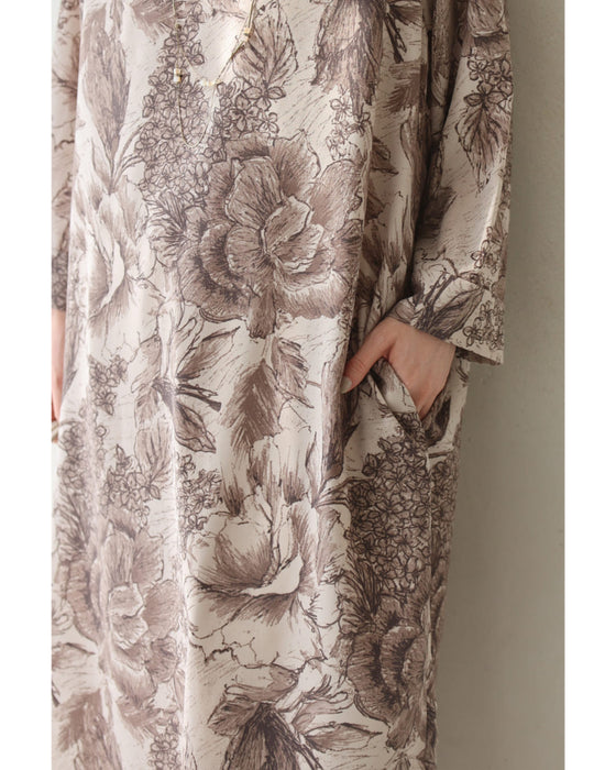 そよ風に揺れる花のスケッチ画ミディアムワンピース