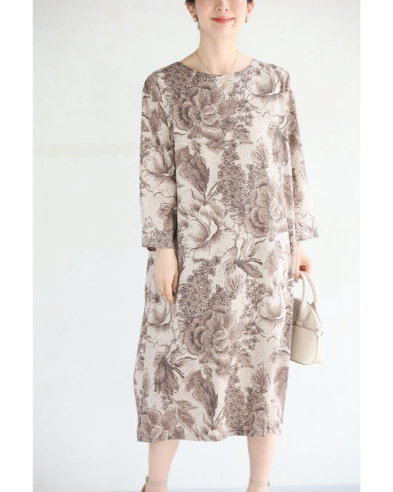 そよ風に揺れる花のスケッチ画ミディアムワンピース