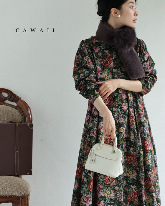 ヴィンテージ風花柄プリントのコットンコーデュロイミディアムワンピース