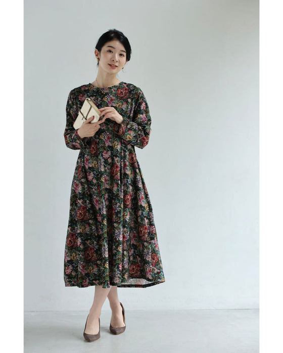 ヴィンテージ風花柄プリントのコットンコーデュロイミディアムワンピース