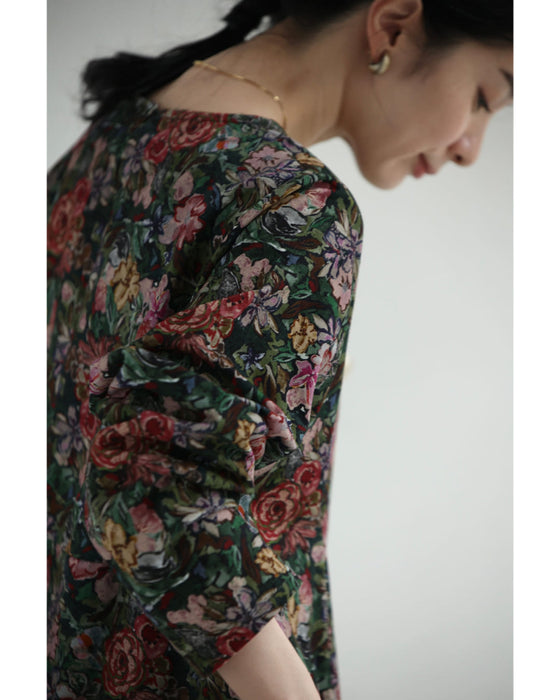 ヴィンテージ風花柄プリントのコットンコーデュロイミディアムワンピース