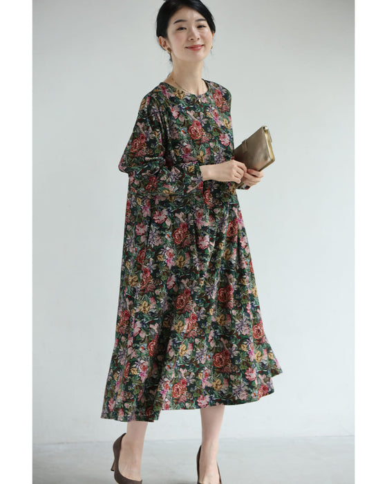 ヴィンテージ風花柄プリントのコットンコーデュロイミディアムワンピース